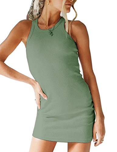 MISSACTIVER Frauen Solid ärmelloses Rippstrickkleid figurbetontes Kleid Slim Racerback enganliegend elastisch Mini Tank Kleid - Grün - Groß von MISSACTIVER