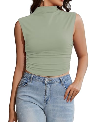 MISSACTIVER Frauen Solide Rollkragen Geraffte Crop Tank Top Hoher Kragen Ärmellos Slim Fit Basic Csual Cropped Cami Shirt, Grün , Mittel von MISSACTIVER