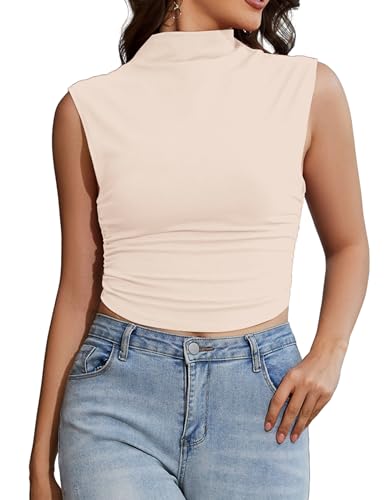 MISSACTIVER Frauen Solide Rollkragen Geraffte Crop Tank Top Hoher Kragen Ärmellos Slim Fit Basic Csual Cropped Cami Shirt, aprikose, Klein von MISSACTIVER