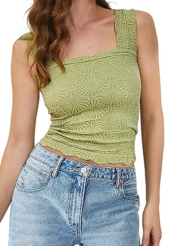 MISSACTIVER Frauen Square Neck Breite Träger Crop Tank Tops Casual Floral Ärmellos Salat Trim Slim Fit Crop Cami Weste Tops, Grün , Groß von MISSACTIVER