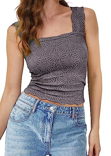 MISSACTIVER Frauen Square Neck Breite Träger Crop Tank Tops Casual Floral Ärmellos Salat Trim Slim Fit Crop Cami Weste Tops, Schwarz, Groß von MISSACTIVER