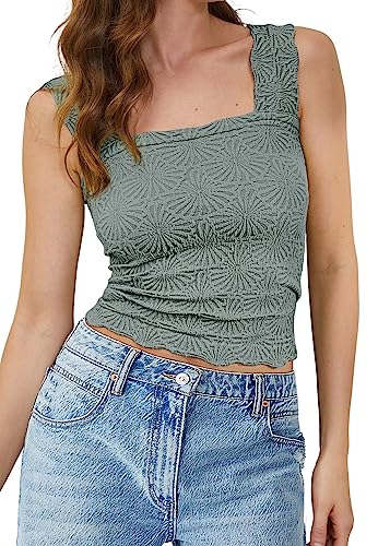 MISSACTIVER Frauen Square Neck Breite Träger Crop Tank Tops Casual Floral Ärmellos Salat Trim Slim Fit Crop Cami Weste Tops, Seladongrün, Groß von MISSACTIVER