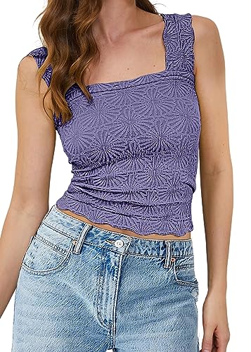 MISSACTIVER Frauen Square Neck Breite Träger Crop Tank Tops Casual Floral Ärmellos Salat Trim Slim Fit Crop Cami Weste Tops, Violett, Groß von MISSACTIVER