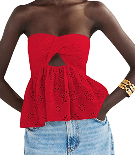 MISSACTIVER Frauen Twist Knoten Strick Bandeau Tube Top Stickerei Trägerlos Schulterfrei Rückenfrei Hohl Crop Tank Korsett Top, Rot/Ausflug, einfarbig (Getaway Solids), Klein von MISSACTIVER