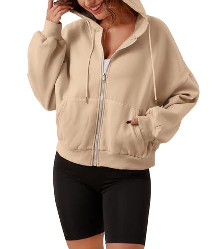 MISSACTIVER Übergroße Damen-Kapuzenpullover mit Reißverschluss und Kordelzug, bauchfrei, einfarbig, schulterfrei, Fleece, Trainingsjacke mit Tasche, Khaki, S von MISSACTIVER