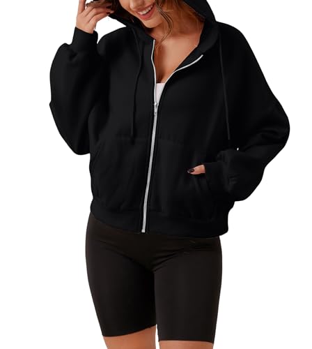 MISSACTIVER Übergroße Damen-Kapuzenpullover mit Reißverschluss und Kordelzug, bauchfrei, einfarbig, schulterfrei, Fleece, Trainingsjacke mit Tasche, Schwarz, S von MISSACTIVER