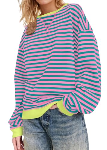 Misactive Damen-Sweatshirt, Übergröße, gestreift, Farbblock, langärmelig, lässig, locker, Rundhalsausschnitt, Y2K Shirt, Pink, Groß von MISSACTIVER