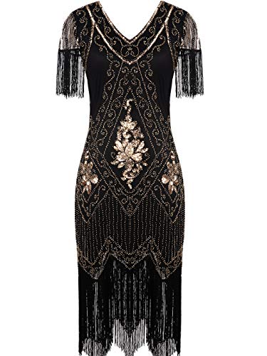 MISSCHEN 1920er Damen Gatsby Pailletten Quasten Saum Cocktail Flapper Abschlussball Kleid YLS018 3XL Schwarz Gold von MISSCHEN