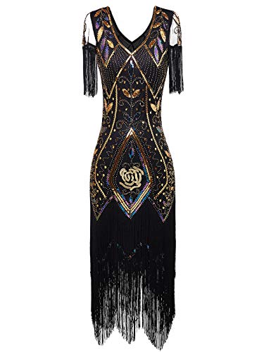 MISSCHEN 1920er Damen Gatsby Pailletten Quasten Saum Cocktail Flapper Abschlussball Kleid YLS033 L Schwarz Gold von MISSCHEN