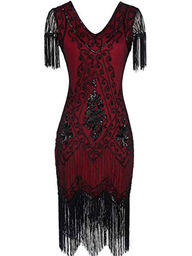 MISSCHEN 1920er Gatsby Pailletten Flapper Kleid Quasten Saum Cocktail YLS018 M Wine Black von MISSCHEN