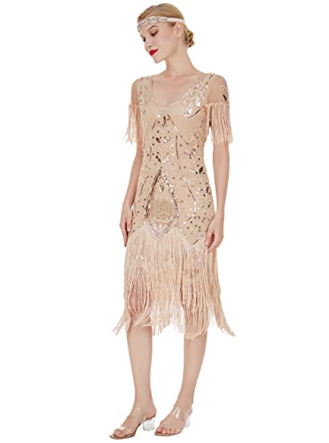 MISSCHEN 1920er Gatsby Pailletten Flapper Kleid Quasten Saum Cocktail YLS033 L Rose Gold von MISSCHEN