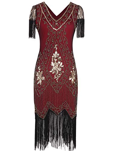 MISSCHEN 1920er Gatsby Pailletten verziert Quasten Saum Flapper Kleid YLS018 3XL Burgunder Gold von MISSCHEN