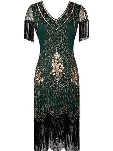 MISSCHEN 1920er Gatsby voll Pailletten Quasten Saum Flapper Abschlussball Kleid L Green Gold von MISSCHEN