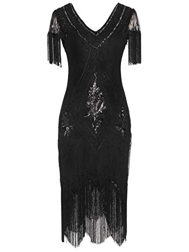 MISSCHEN 1920er Gatsby voll Pailletten Quasten Saum Flapper Abschlussball Kleid YLS018 3XL Glam Black von MISSCHEN