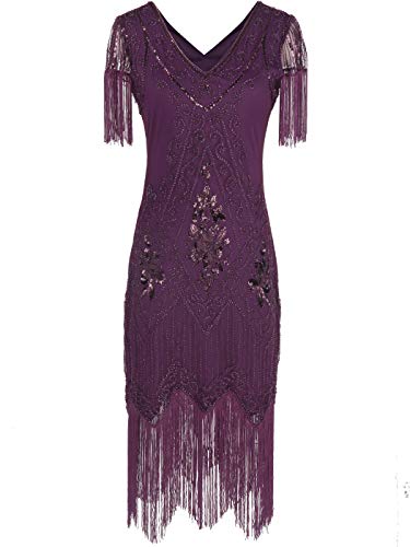 MISSCHEN 1920s Flapper doppelte V-Ausschnitt Pailletten Strass verschönert fransen Kleid YLS018 3XL Purple von MISSCHEN