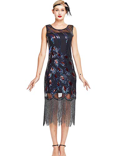 MISSCHEN 1920s Kleid Damen Pfau Muster Flapper Charleston Kleid Gatsby Pailletten Quasten Saum Cocktail Flapper Abschlussball Kleid YLS019 S Schwarz mit grau Fransen von MISSCHEN