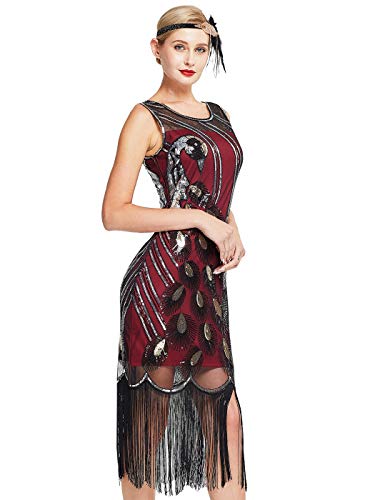 MISSCHEN 1920s Kleid Damen Pfau Muster Flapper Charleston Kleid Gatsby Pailletten Quasten Saum Cocktail Flapper Abschlussball Kleid YLS019 XL Burgunder mit schwarzen Fransen von MISSCHEN