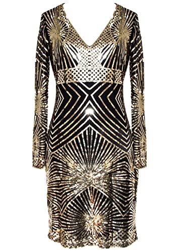 MISSCHEN Women's V Neck Bodycon Midi Sequin Long Sleeve Evening Cocktail Dress Black Gold 3XL von MISSCHEN
