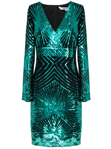 MISSCHEN Women's V Neck Bodycon Midi Sequin Long Sleeve Evening Cocktail Dress Green 2XL von MISSCHEN