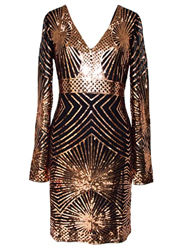 MISSCHEN Women's V Neck Bodycon Midi Sequin Long Sleeve Evening Cocktail Dress Rose Gold XL von MISSCHEN