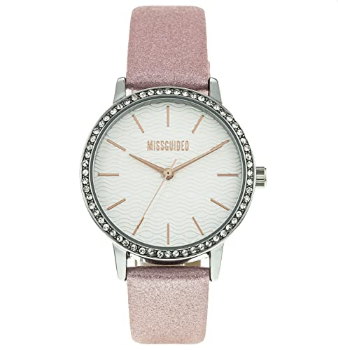 MISSGUIDED Damen Armbanduhr Rosafarbenes Armband mit silberfarbenem Gehäuse mit Steinbesatz und weißem Zifferblatt MISSGUIDED Damen Armbanduhr Rosafarbenes Armband mit silberfarbenem Gehäuse mit Steinbesatz und weißem Zifferblatt von MISSGUIDED