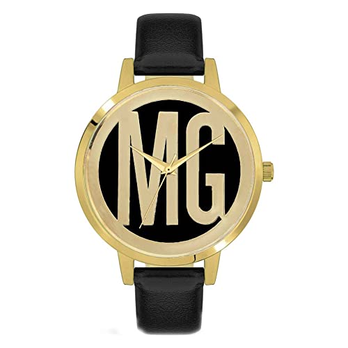 MISSGUIDED Damen Armbanduhr mit 'MG'-Zifferblatt in Gold mit schwarzem Armband von MISSGUIDED