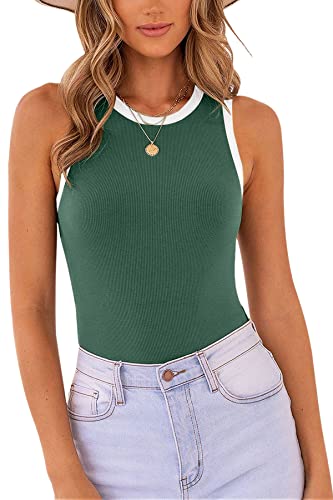 MISSJOY Damen Basic Ärmellos Racerback Neckholder Gerippt Bodysuit Tank Tops, 1-army grün weiß, M von MISSJOY