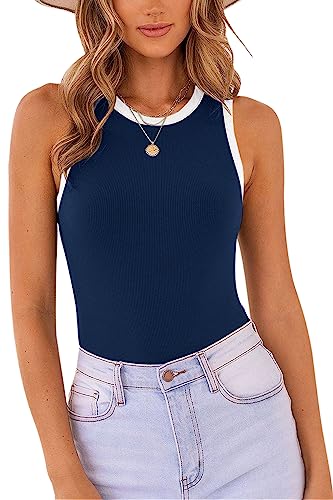 MISSJOY Damen Basic Ärmellos Racerback Neckholder Gerippt Bodysuit Tank Tops, 1-dunkelblau weiß, Large von MISSJOY
