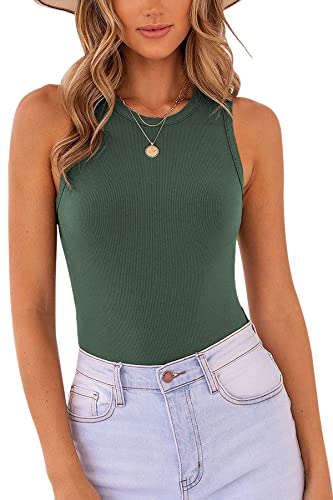 MISSJOY Damen Basic Ärmellos Racerback Neckholder Gerippt Bodysuit Tank Tops, Militärgrün, M von MISSJOY