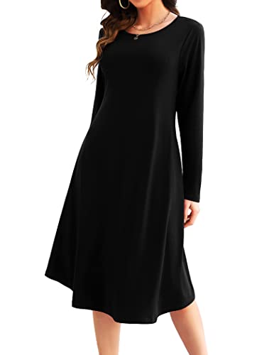 MISSKY Damen Pullover Pocket Loose Swing Freizeitkleid, Schwarzes Langarmshirt, Groß von MISSKY