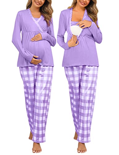 MISSKY Damen Schwangerschaft Still-Pyjama Sets Langarm Schwangerschaft Pyjama Set Stillen Nachtwäsche, Violett, M von MISSKY