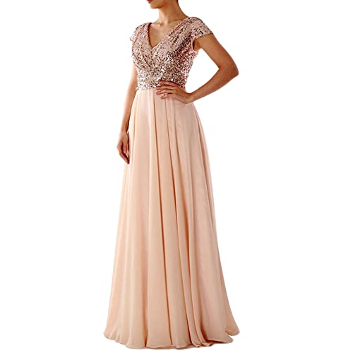 Abendkleid Damen Glitzerkleid Maxikleid Elgant A-Linie V-Ausschnitt Ärmellos Chiffon Hohe Taille Empire Bodenlang Brautkleider Edel Ballkleid Pailletten Festliche Kleider, Beige, S von MISSMAO