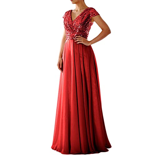 Abendkleid Damen Glitzerkleid Maxikleid Elgant A-Linie V-Ausschnitt Ärmellos Chiffon Hohe Taille Empire Bodenlang Brautkleider Edel Ballkleid Pailletten Festliche Kleider, Rot, XL von MISSMAO