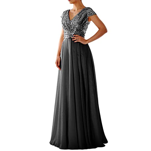 Abendkleid Damen Glitzerkleid Maxikleid Elgant A-Linie V-Ausschnitt Ärmellos Chiffon Hohe Taille Empire Bodenlang Brautkleider Edel Ballkleid Pailletten Festliche Kleider, Schwarz, L von MISSMAO