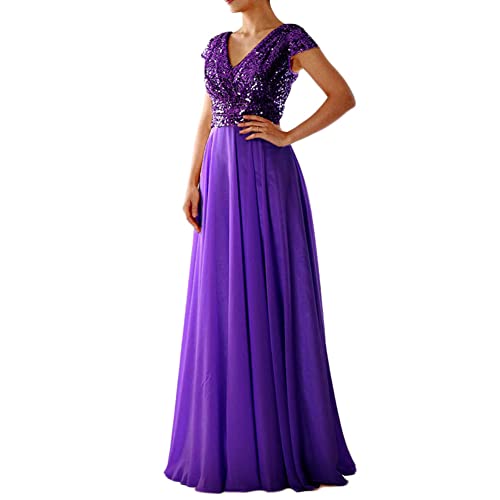 Abendkleid Damen Glitzerkleid Maxikleid Elgant A-Linie V-Ausschnitt Ärmellos Chiffon Hohe Taille Empire Bodenlang Brautkleider Edel Ballkleid Pailletten Festliche Kleider, Violett, 3XL von MISSMAO