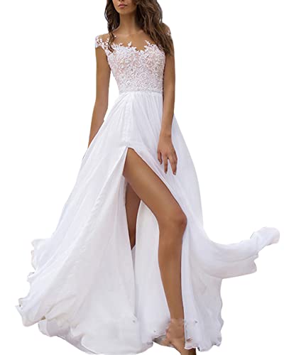 Brautkleid Hochzeitskleid A-Linie Stickerei Damen Lang Hochzeitskleider Spitze Brautmode Rückenfrei Vintage A Linie Brautkleid Abendkleider,Weiß,M von MISSMAO