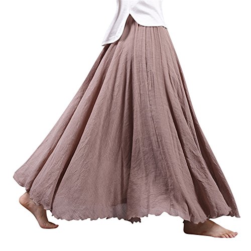 Damen Maxirock Baumwollmischung Vintage Mädchen Rock Lang A Linie Strand Elastisch Bund Beige 85 cm von MISSMAO