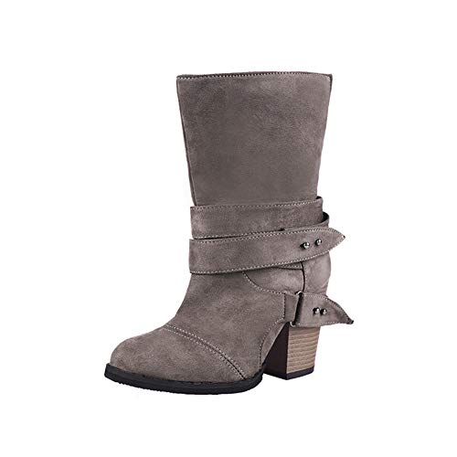 Damen Mode Elegante Winterschuhe High Heels mit Warm Gefüttert Plüsch Anti Rutsch Sohle Stiefeletten Stiefel Niet Kurzschaft Boots Grau 38 EU von MISSMAO