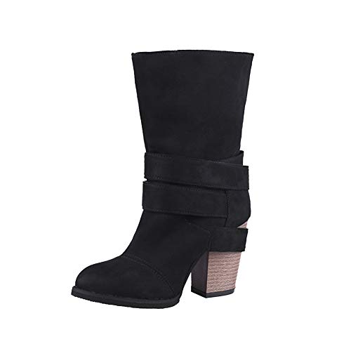 Damen Mode Elegante Winterschuhe High Heels mit Warm Gefüttert Plüsch Anti Rutsch Sohle Stiefeletten Stiefel Niet Kurzschaft Boots Schwarz 37 EU von MISSMAO