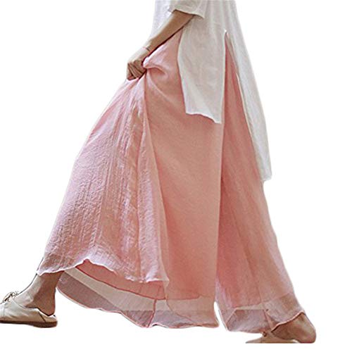 Frauen Hosenrock Solide Chiffon Tie-Taille RüSche Palazzo Langer Rock Hose Culottes Hell-Pink von MISSMAO