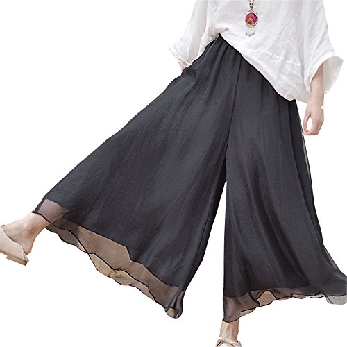 Frauen Hosenrock Solide Chiffon Tie-Taille RüSche Palazzo Langer Rock Hose Culottes Schwarz von MISSMAO