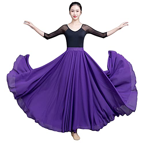 Große Schaukel Damen Maxirock Tanzrock Chiffon Tanzkleider Ballsaal Tanzen Lange Rock Flamenco Kleid Walzer Tango Latein Kostüm Bauchtanz Öffnungs Swing Tanzen Röcke,Lila1,L von MISSMAO