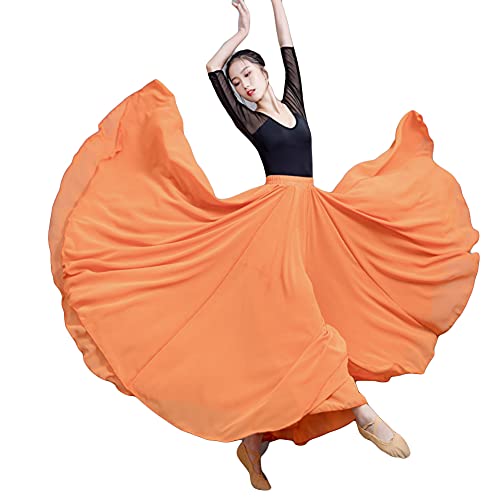 Große Schaukel Damen Maxirock Tanzrock Chiffon Tanzkleider Ballsaal Tanzen Lange Rock Flamenco Kleid Walzer Tango Latein Kostüm Bauchtanz Öffnungs Swing Tanzen Röcke,Orange,L von MISSMAO
