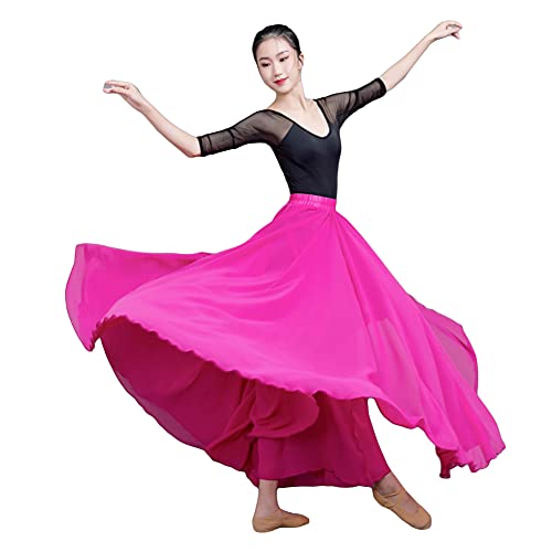 Große Schaukel Damen Maxirock Tanzrock Chiffon Tanzkleider Ballsaal Tanzen Lange Rock Flamenco Kleid Walzer Tango Latein Kostüm Bauchtanz Öffnungs Swing Tanzen Röcke,Rose,XL von MISSMAO