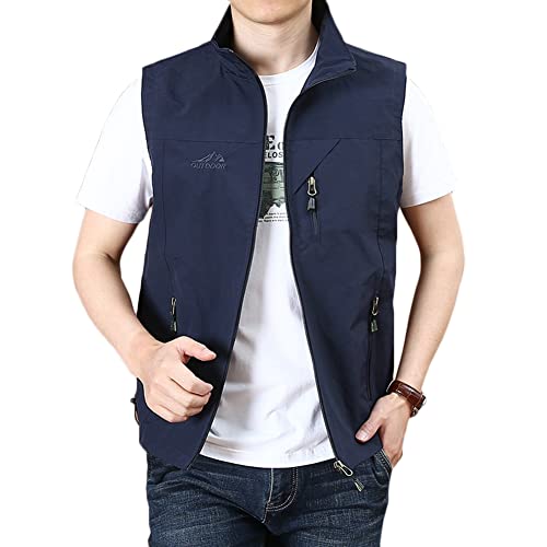 Herren Outdoor Weste Camping Vest Wandern Weste Freizeit Ärmellos Jacke mit Reißverschlusstaschen Leicht Safari Weste Sommer Multifunktionsweste Blau L von MISSMAO