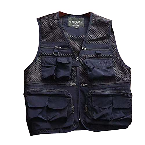 Herren Weste Atmungsaktive Sportweste Outdoor Weste mit Vielen Taschen Anglerweste Leicht Netz Safari Weste Für Outdoor, Angeln, Wandern, Camping Blau L von MISSMAO