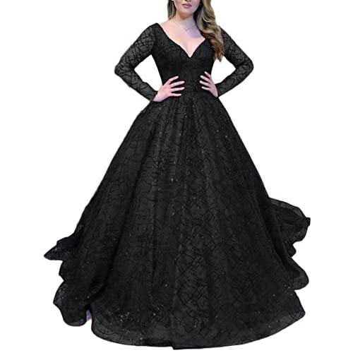 Hochzeitskleid Brautkleid Damen Glitzer Ballkleider A-Linie Brautmode Langarm Vintage Brautkleid Prinzessin Abendkleider Formellen Ballkleid Festkleider,Schwarz,L von MISSMAO