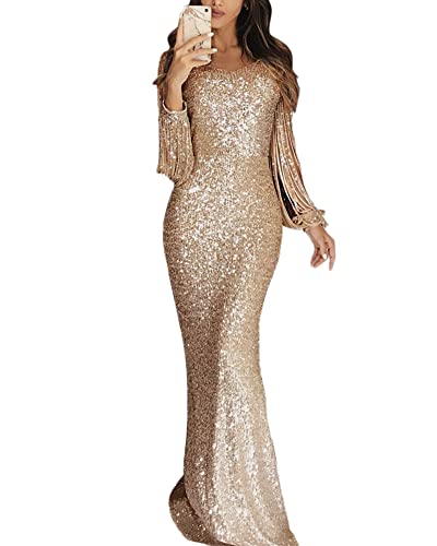 MISSMAO Abendkleid Damen Glitzer Etuikleid mit Quaste Figurformend Partykleid Langarm Festlich Hochzeit Kleider Elegant Lang Abendkleid Cocktailkleid Maxikleid Hochzeitskleid, Champagner, S von MISSMAO