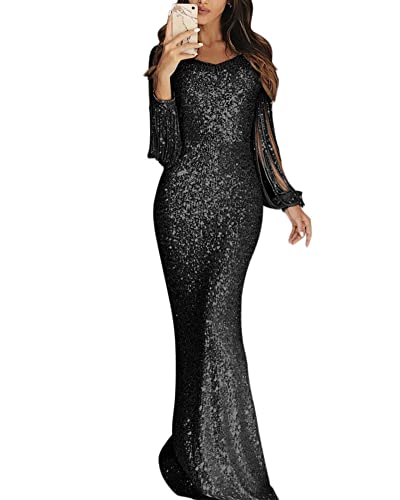 MISSMAO Abendkleid Damen Glitzer Etuikleid mit Quaste Figurformend Partykleid Langarm Festlich Hochzeit Kleider Elegant Lang Abendkleid Cocktailkleid Maxikleid Hochzeitskleid, Schwarz, S von MISSMAO