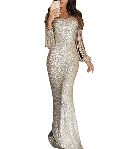 MISSMAO Abendkleid Damen Glitzer Etuikleid mit Quaste Figurformend Partykleid Langarm Festlich Hochzeit Kleider Elegant Lang Abendkleid Cocktailkleid Maxikleid Hochzeitskleid, Silber, M von MISSMAO
